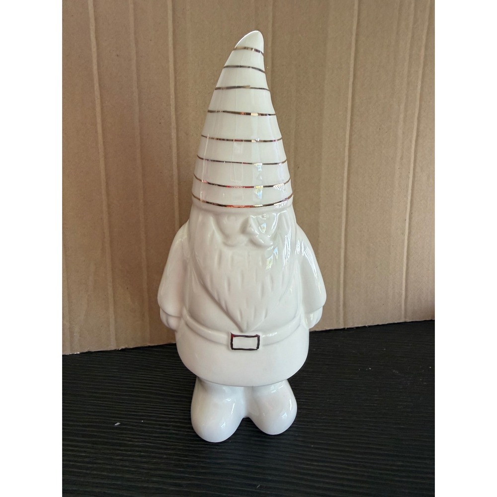 Paper Source Paula Joerling White Stoneware Gnome Vase Silver Stripe Holiday 8"